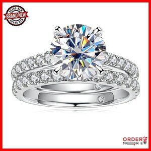 4.14ct Moissanite Engagement Ring Set Sterling Silver Wedding Band Size 7